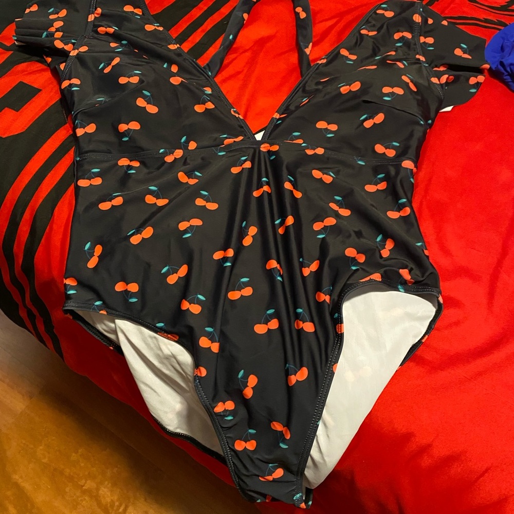 SHEIN cherry print front tie flutter sleeve one piece. 2XL